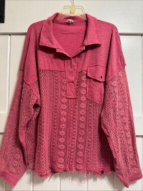 POL Rose-Pink Crochet & Waffle-Knit Pullover Tunic